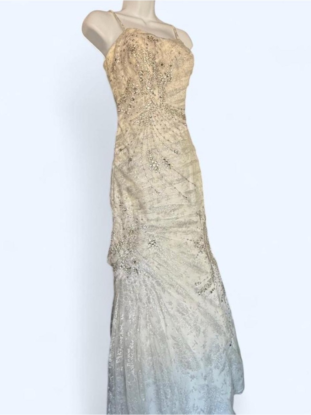 Galina Signature silver and white beaded prom dress.